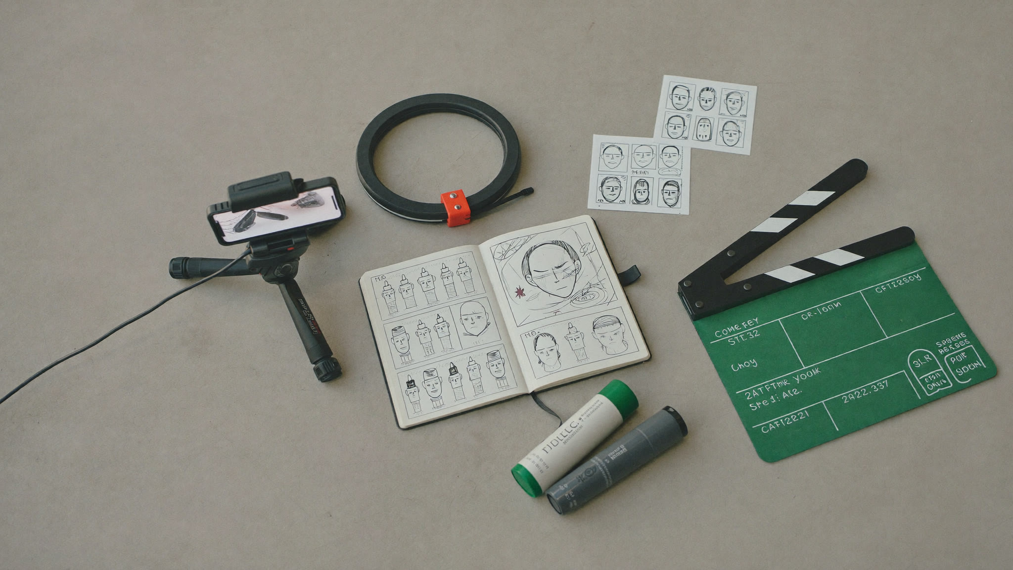 Creator content production flat-lay with phone, ring light and props